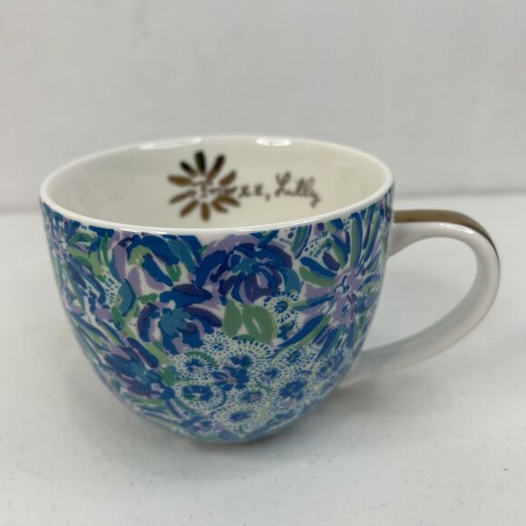 Lilly Pulitzer 12 oz Tea Coffee Cup Blue Floral with Gold Handle - Picture 4 of 10